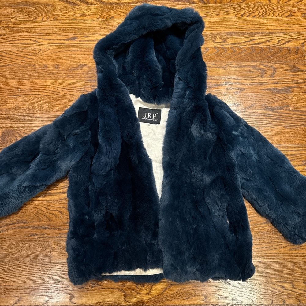Kids 100% Outer Rabbits Fur Jacket - Navy Blue